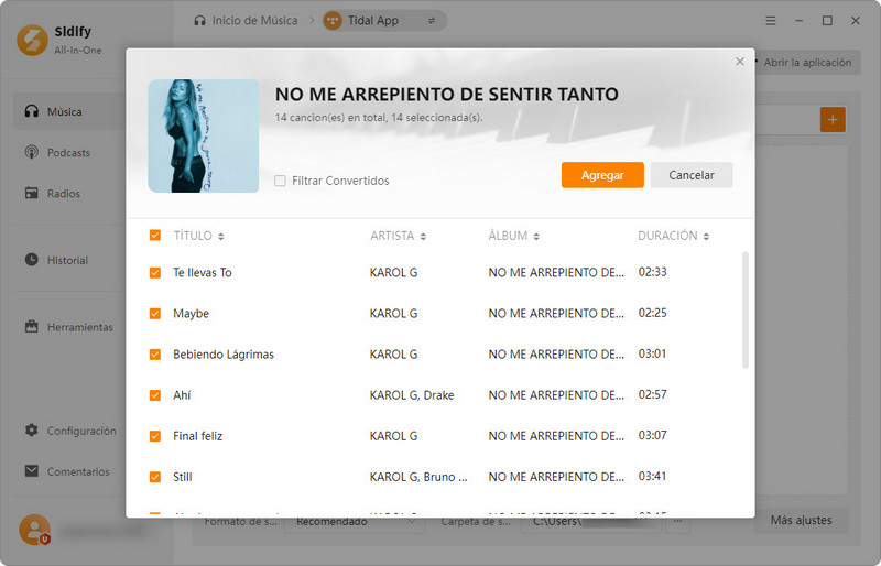 Selecciona las pistas que quieres convertir
