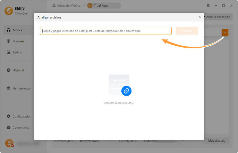 Copiar y pegar la URL de una playlist en Sidify