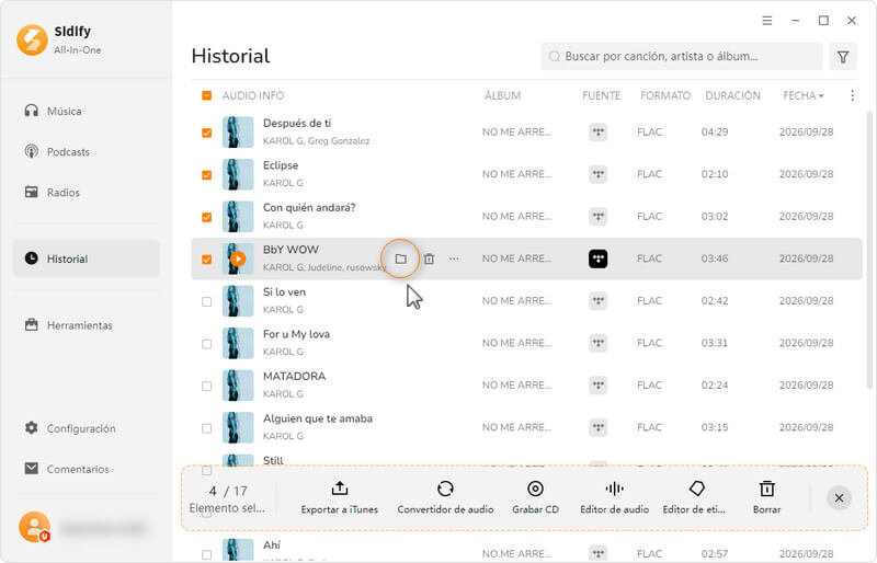 Consulta el historial y localiza la música convertida