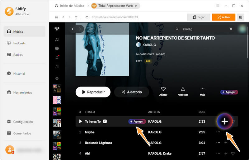 Añadir música de Tidal desde el reproductor web a Sidify All-In-One
