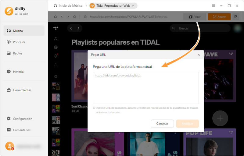 Copiar y pegar la URL de una playlist en Sidify