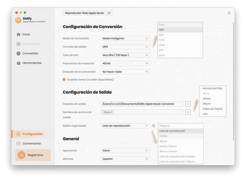 ajustar configuración de salida de música