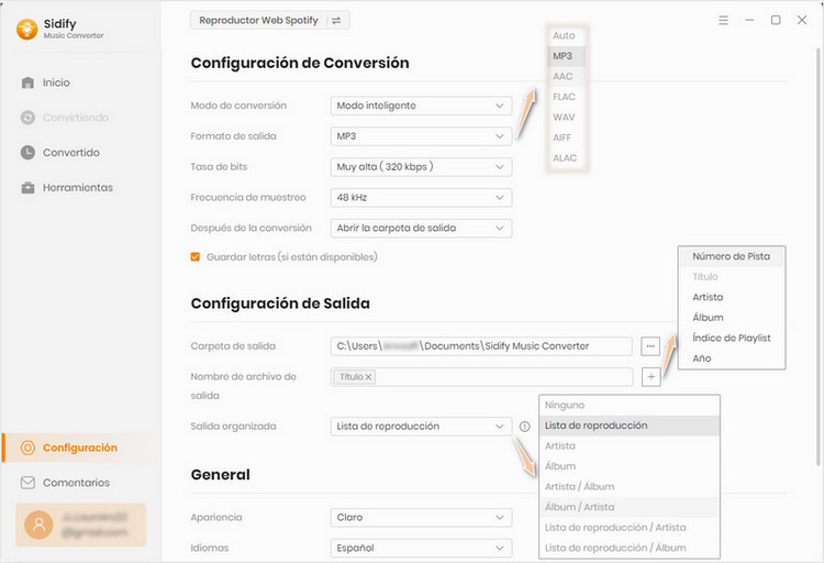 elige mp3 como formato spotify