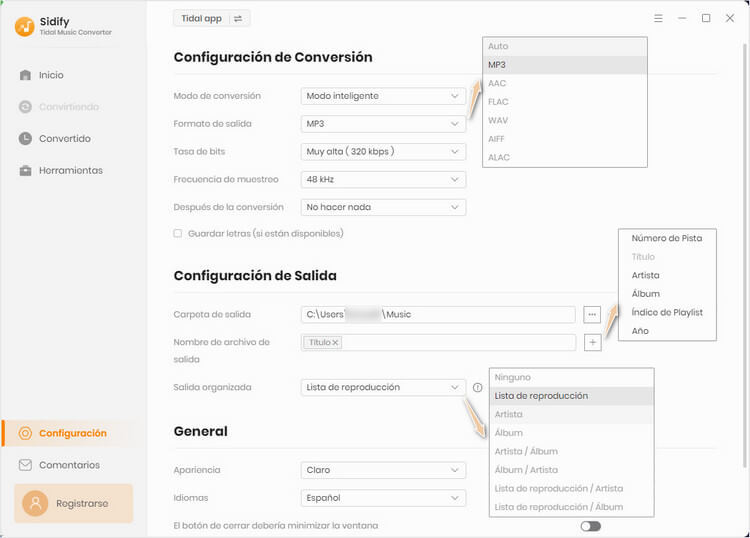 Configuración de salida