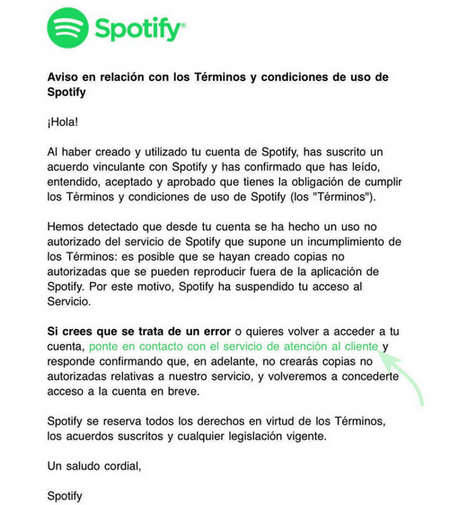 Correo electrónico de notificación de suspensión de cuenta de Spotify