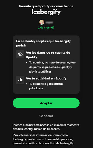 aceptar spotify conectarse con icebergify