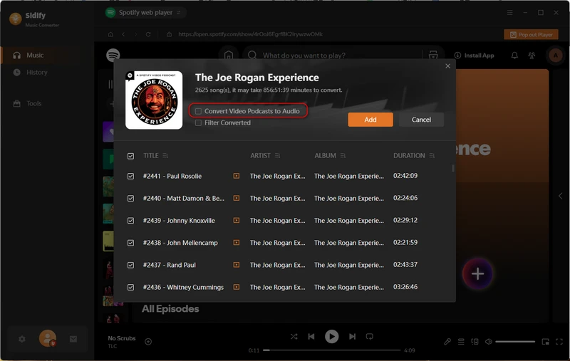 agregar podcasts de video de Spotify para descargar