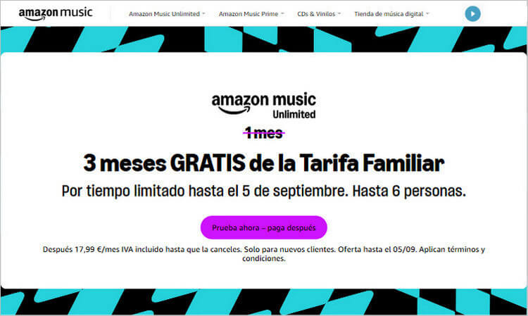 Amazon Music Unlimited familiar 3 meses gratis