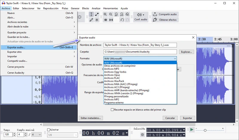 Grabar y guardar audio de Spotify en WAV con Audacity