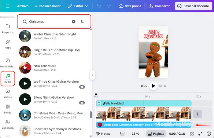 Agregar audio desde la biblioteca de Canva
