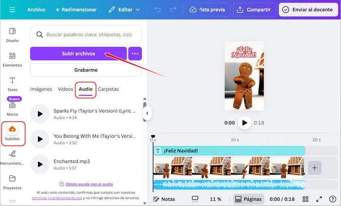 añadir música local a Canva