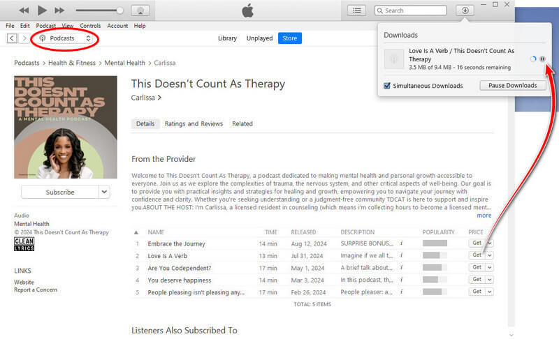 descargar podcasts MP3 de Apple a través de iTunes