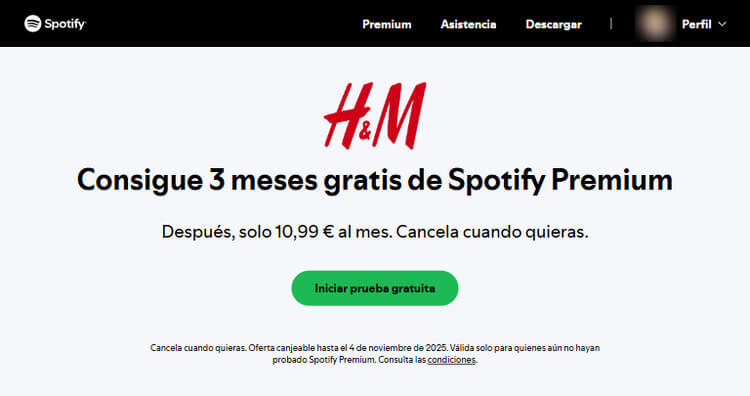 3 meses de Spotify Premium gratis por ser miembro de H&M