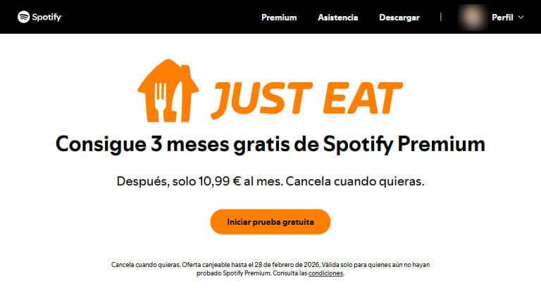 3 meses gratis de Spotify Premium con Just Eat