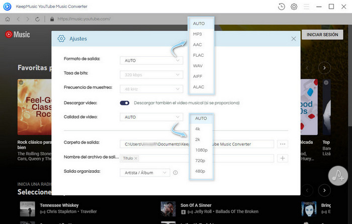 KeepMusic seleccionar formato de salida