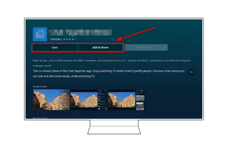 abra la aplicación o agréguela a casa en samsung tv