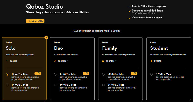 precios y planes de suscripción Qobuz Studio