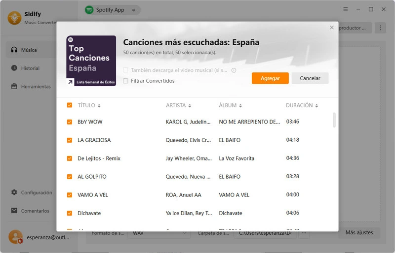 Añadir música de Spotify desde el reproductor web