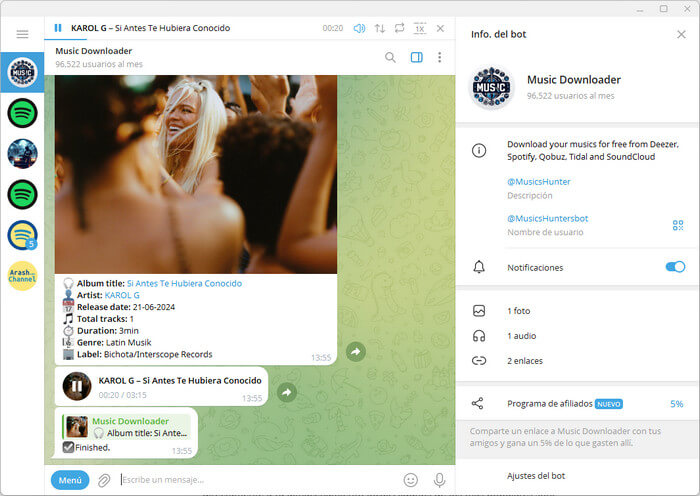 telegram @MusicsHuntersbot - Descargar Spotify, Apple Music, Deezer, Tidal y Más