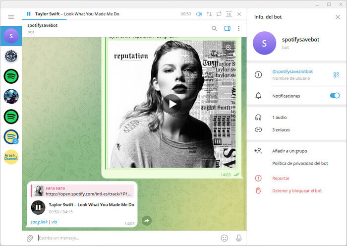 telegram @spotifysavealotbot – descargar canciones desde enlaces de Spotify
