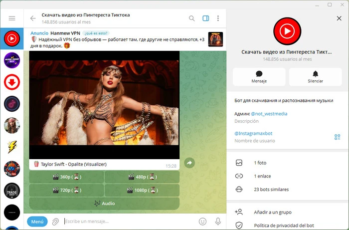 telegram @Instagramaxbot descarga youtube a mp3 o mp4