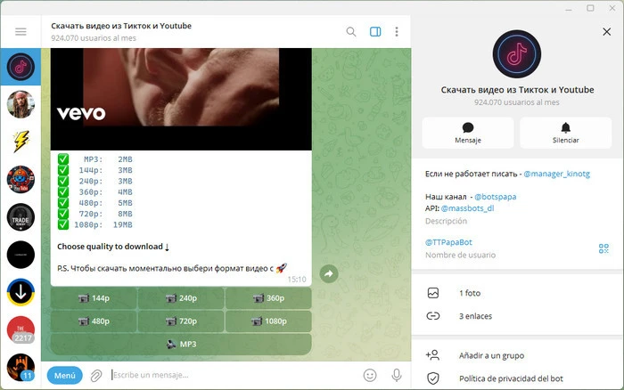 telegram @TTPapaBot descarga youtube a mp3 o mp4
