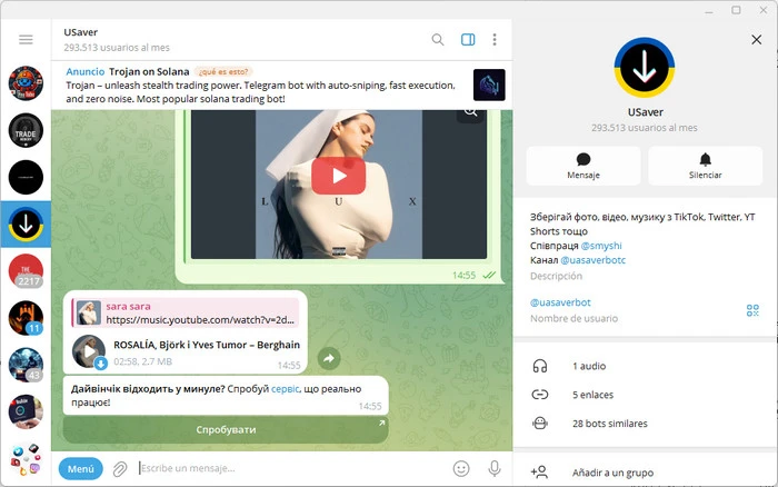 telegram @uasaverbot descarga youtube a mp3 o mp4