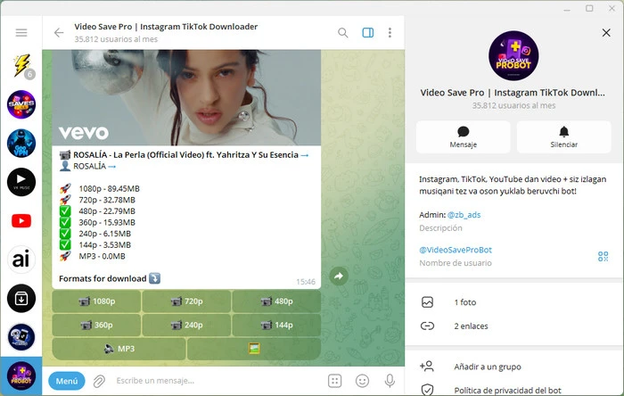 telegram @videosaveprobot youtube downloader