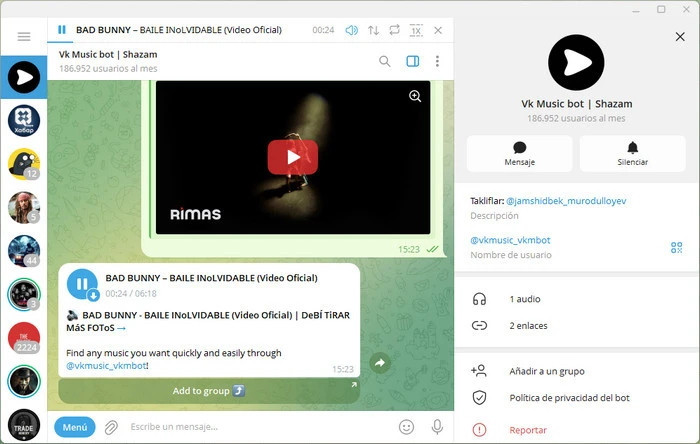 telegram @vkmusic_vkmbot descarga youtube a mp3 o mp4