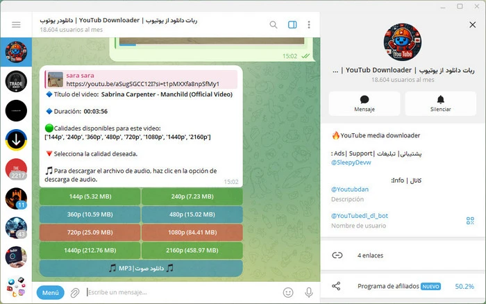 telegram @YouTubedl_dl_bot descarga youtube a mp3 o mp4