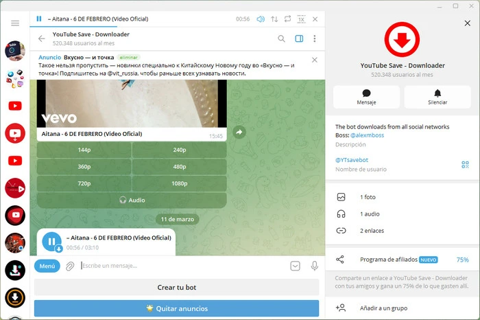 telegram @YTsavebot descarga youtube a mp3 o mp4