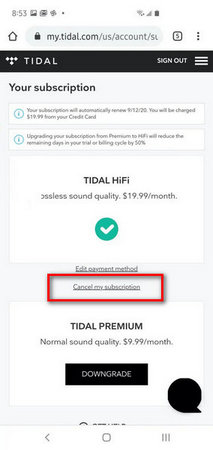 cancelar la suscripción a tidal en un teléfono Android