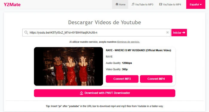Y2Mate youtube a mp3 o mp4